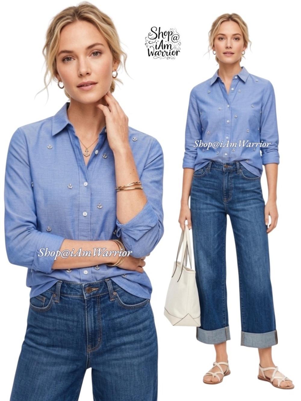 Talbots hand applied fleur rhinestone embellished chambray top *shop@iamwarrior - Picture 1 of 9
